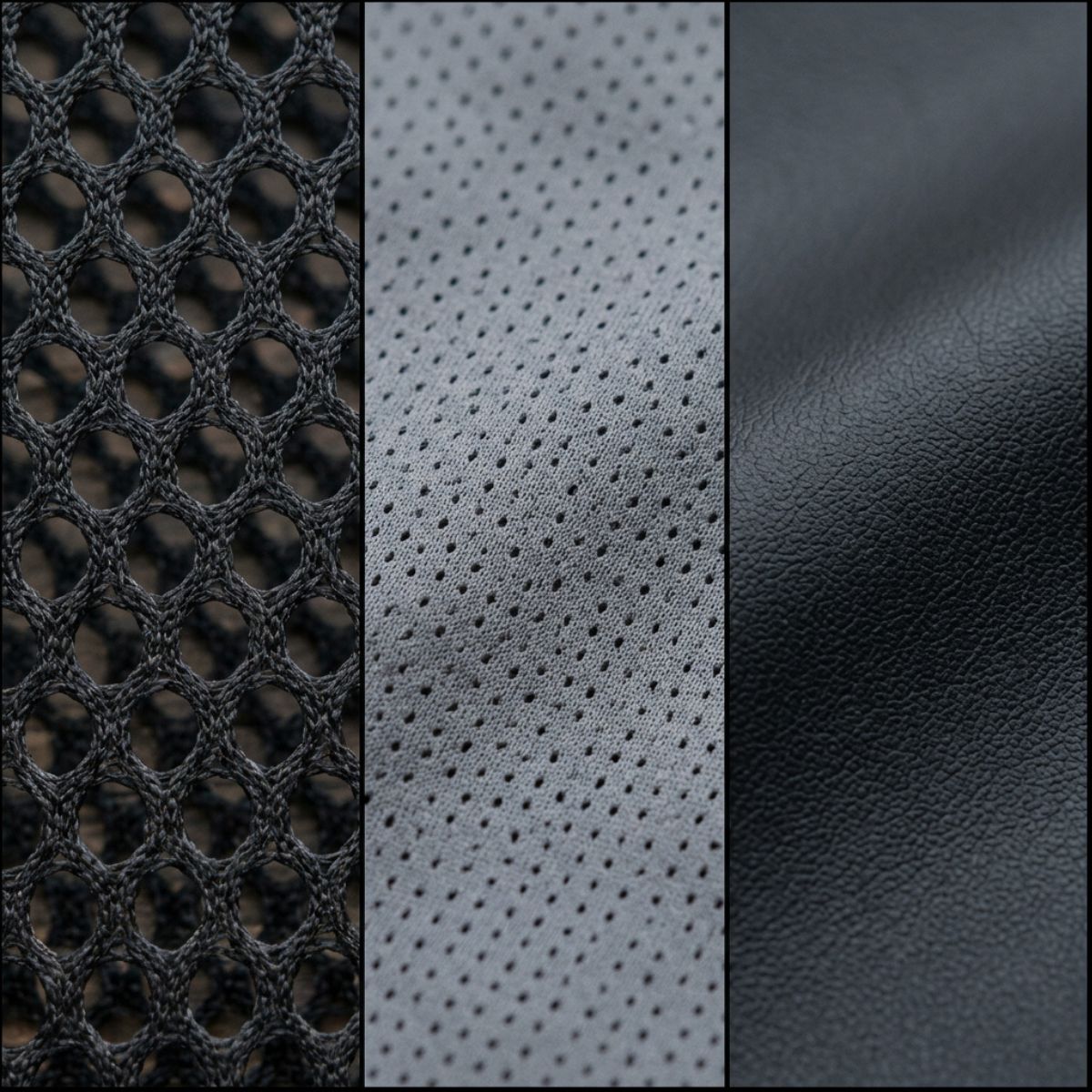 Composición dividida con tres primeros planos: malla técnica abierta, tela microperforada y polipiel cerrada. Las texturas deben apreciarse claramente para mostrar las diferencias de ventilación entre los materiales.